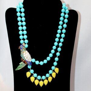 Cockatoo Parrot Two Strand Turquoise and Yellow Beaded Necklace